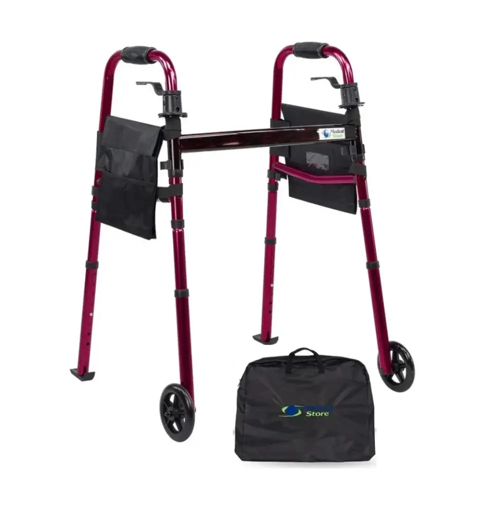 [012059] ANDADERA MEDICAL ORTOPÉDICA 62001MS CON RUEDAS DELANTERAS PALANCA PLEGABLE CON BOLSA DE ALUMINIO ROJ